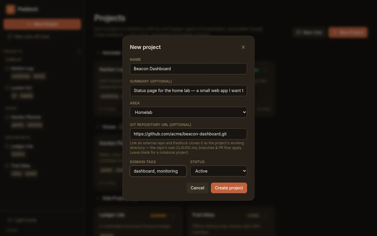 The New project dialog with a Git repository URL filled in, making it a repo-backed project