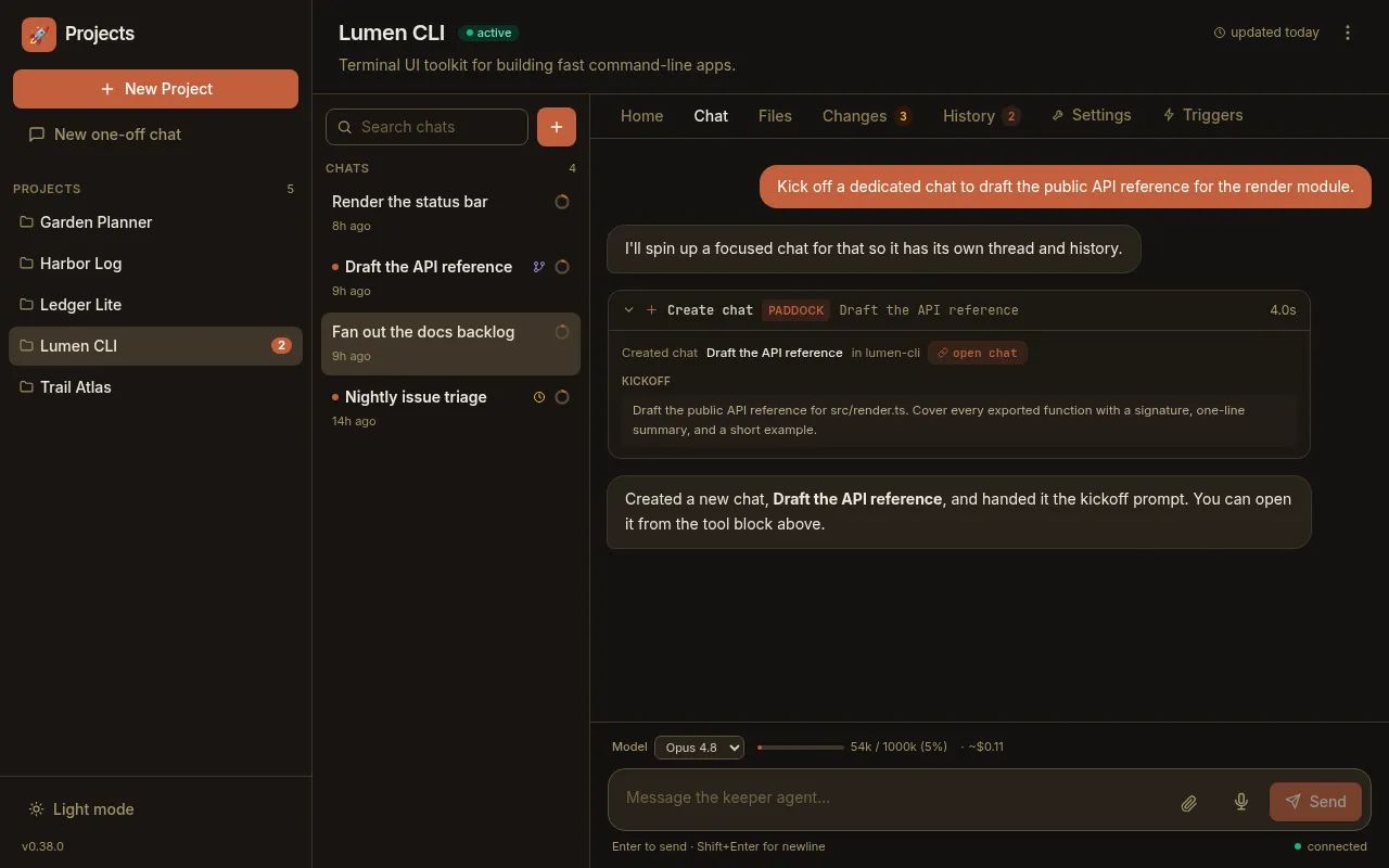 A 'Create chat' tool block rendered with a Paddock badge, showing 'Created chat Draft the API reference in lumen-cli', an 'open chat' link, and the kickoff prompt